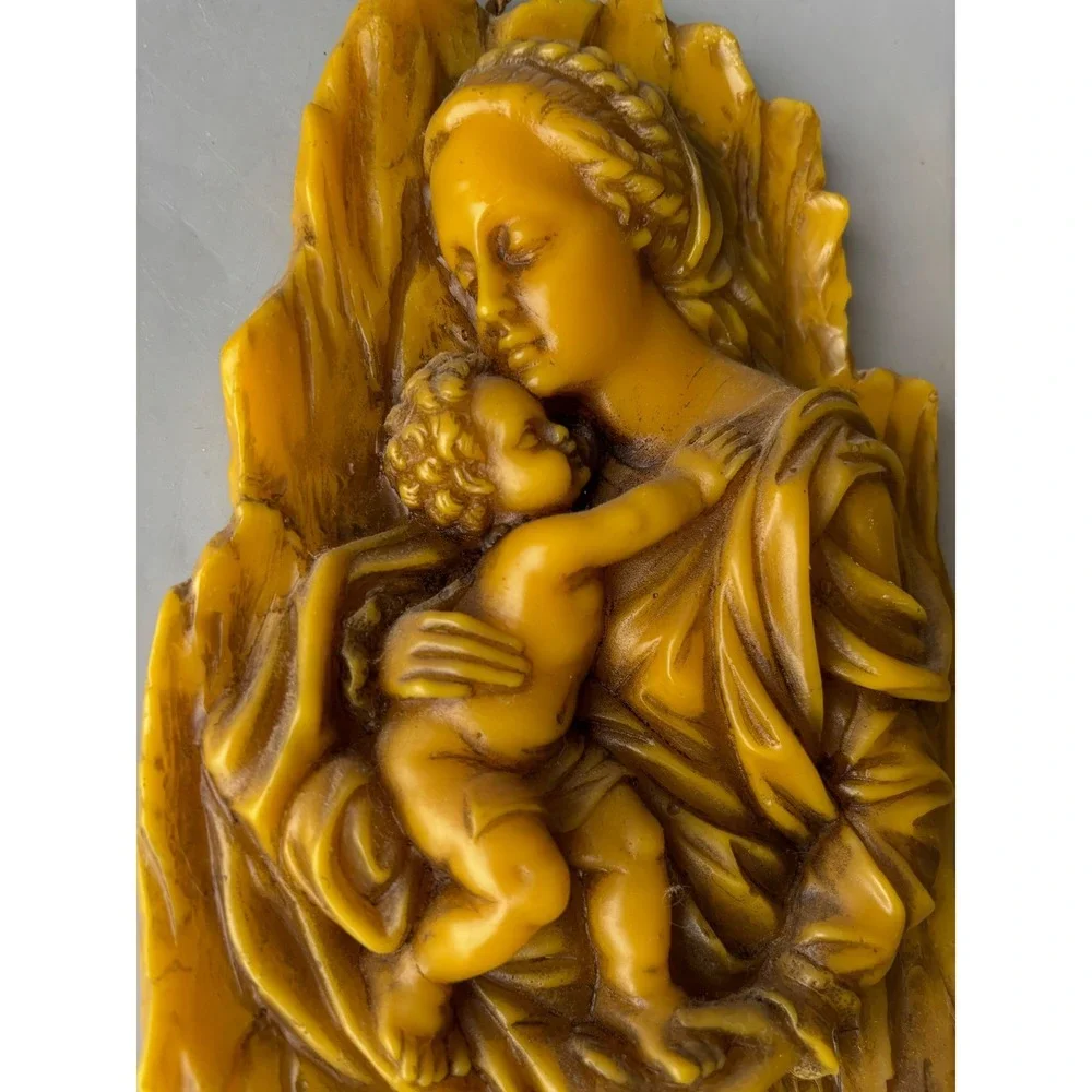 Vtg German‎ Madonna and Child Relief Plaques Set Wax Religious Wall Decor RARE